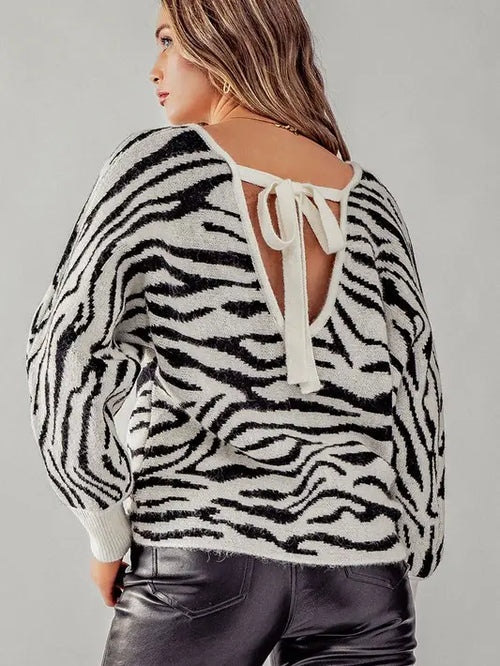 Zebra Pattern Back Tie Sweater