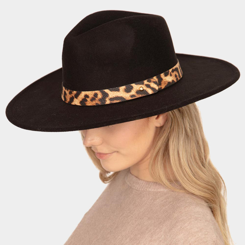 Black Leopard Print Band Panama Hat