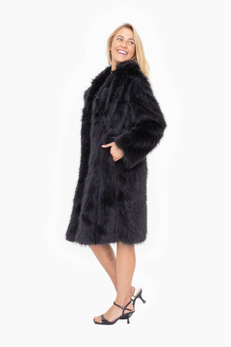 Black Longline Faux Fur Coat