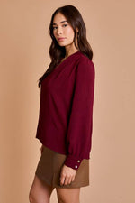 Wine Red Long Sleeve Pleated Shoulder Top