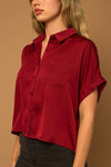 Wine Red Satin Boxy Button Down Blouse