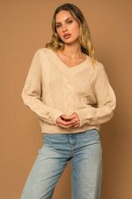 Taupe V-neck Cable Knit Sweater