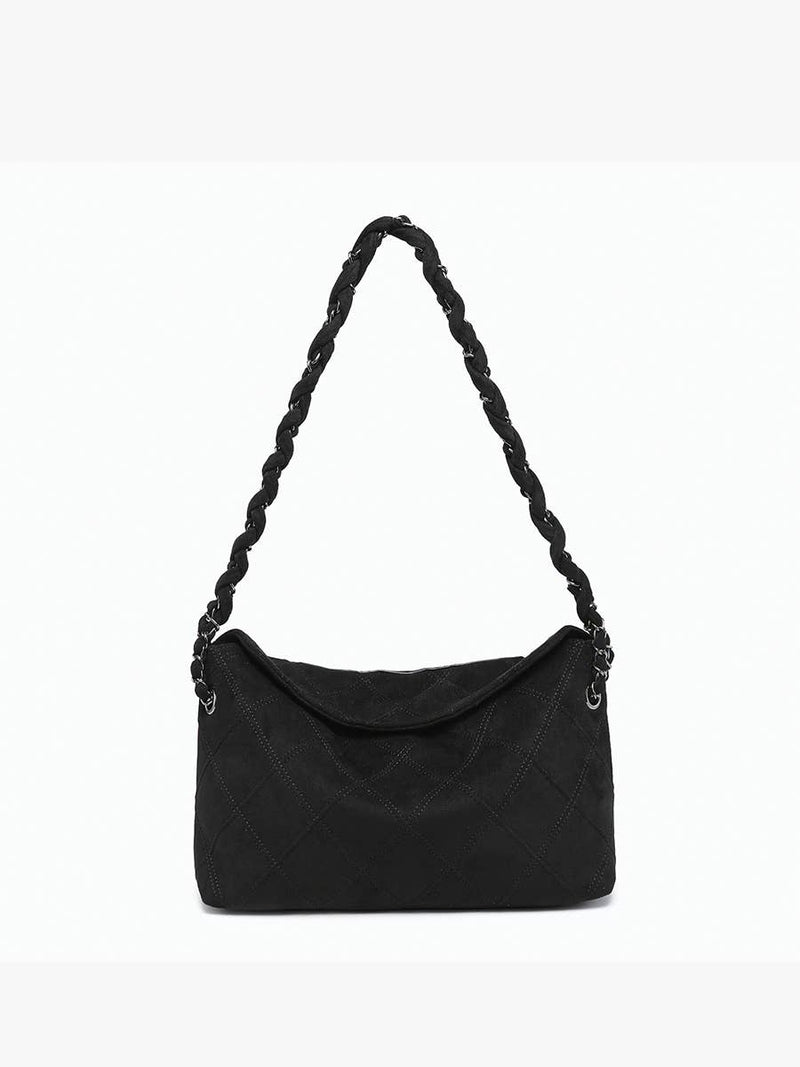 Black Faux Suede Quilted Shoulder Bag