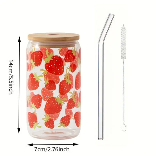 Strawberry Printed Glass Cup