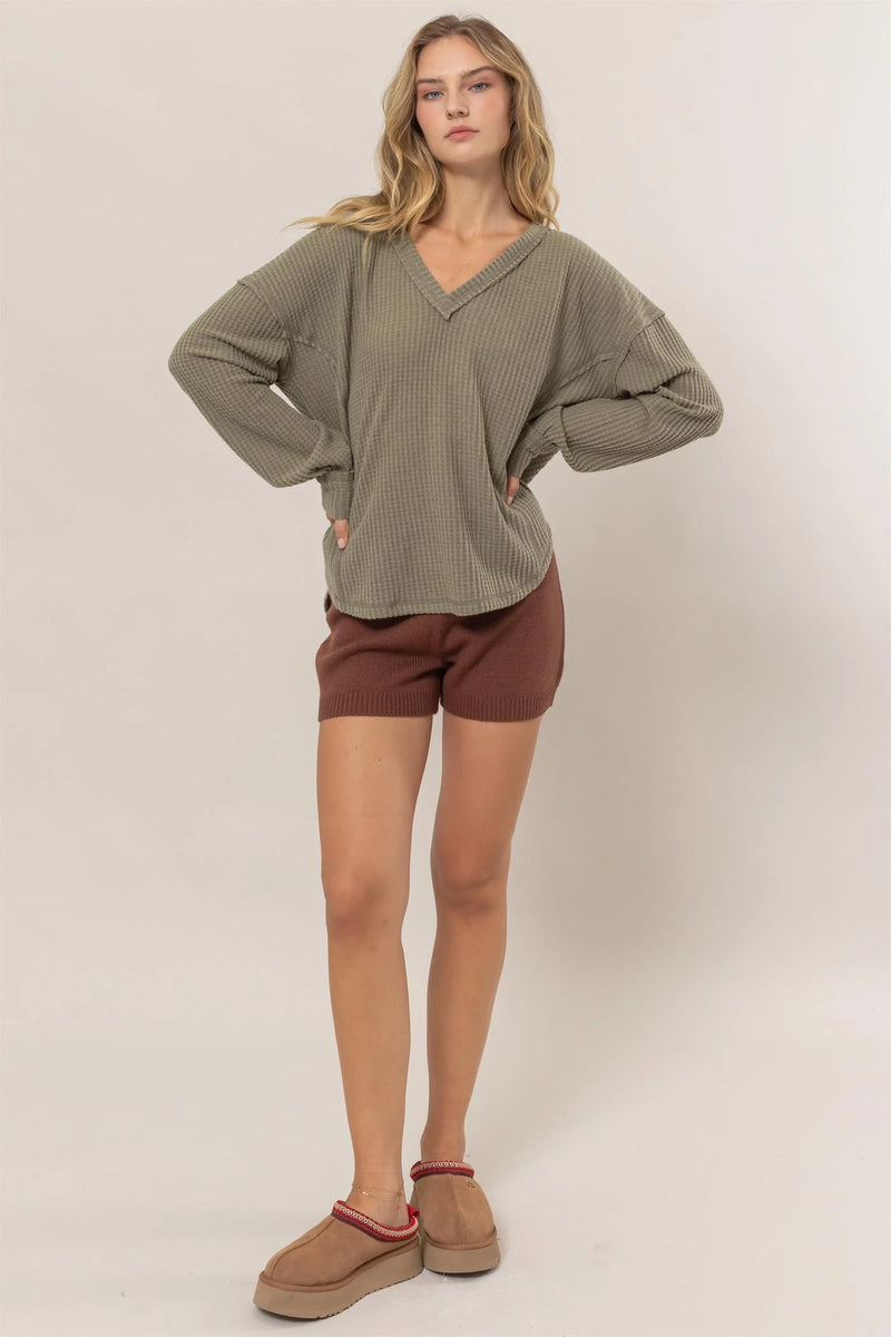 Jackie Olive Waffle Knit Long Sleeve