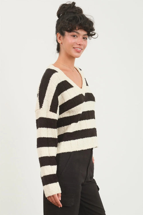 Leah Striped Cream/Black V-Neck Sweater