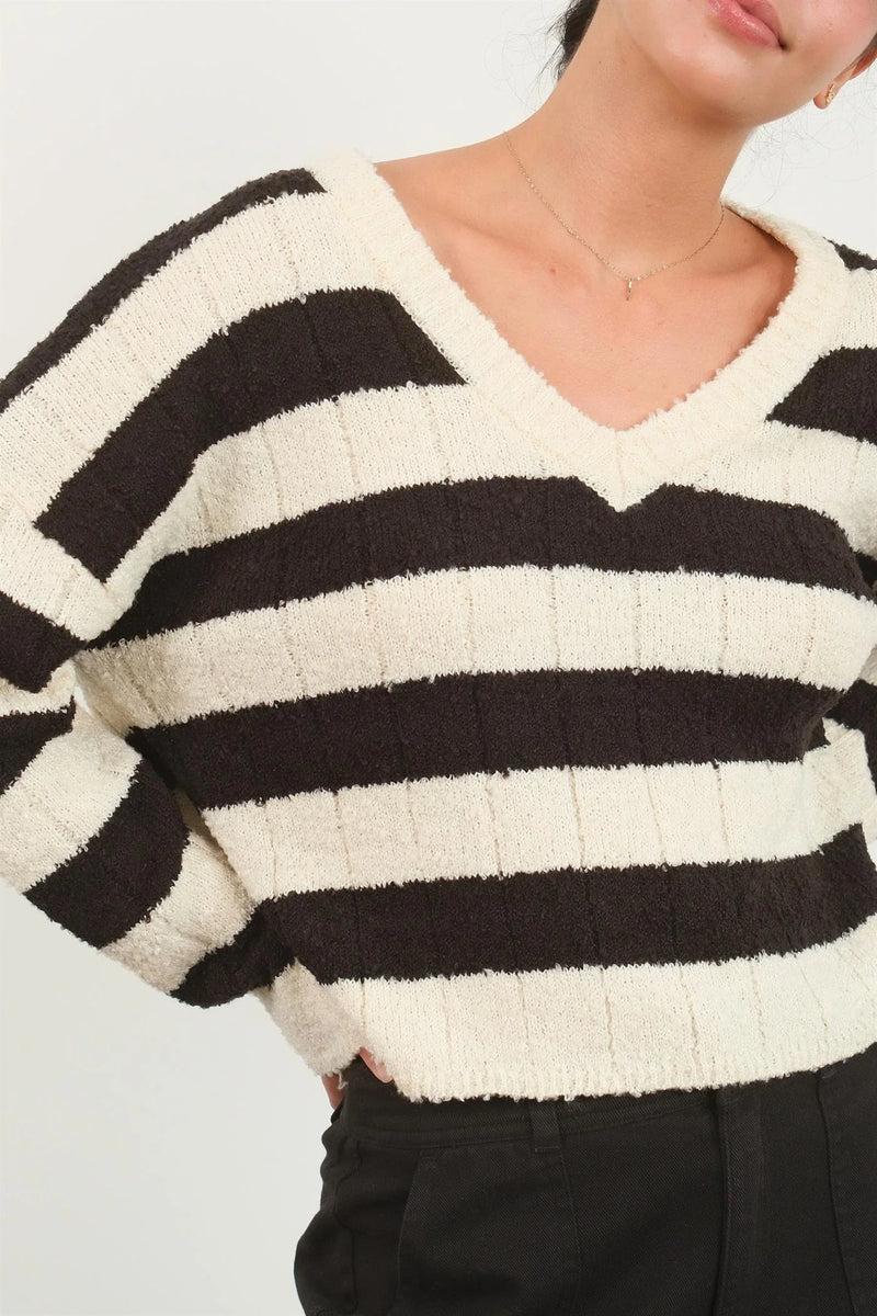 Leah Striped Cream/Black V-Neck Sweater