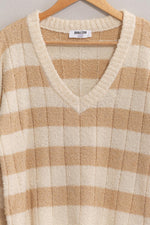 Leah Striped Cream/Taupe V-Neck Sweater