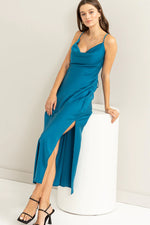 1989 Blue Criss Cross Back Cowl Neck Satin Midi Dress