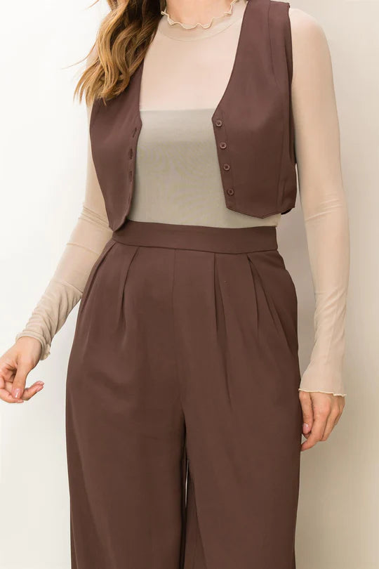 Womens - Lace Trim Vest Top in Dark Chocolate Brown Marl