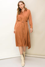 Champagne Brown Satin Belted Midi Dress