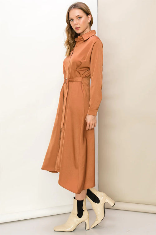 Champagne Brown Satin Belted Midi Dress