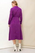 Lavender Haze Purple Satin Belted Midi Dress