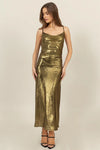 Gold Cowl Neck Satin Midi Dress