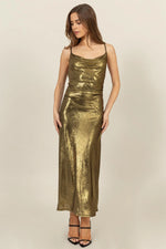 Gold Cowl Neck Satin Midi Dress