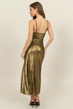 Gold Cowl Neck Satin Midi Dress