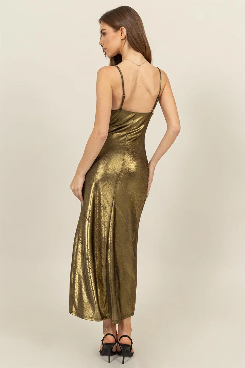 Gold Cowl Neck Satin Midi Dress