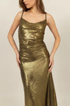 Gold Cowl Neck Satin Midi Dress