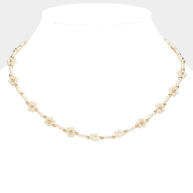 Pearl Beaded Flower Station Necklace