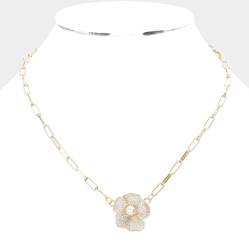 Paved Flower & Pearl Necklace| Gold or Silver
