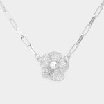 Paved Flower & Pearl Necklace| Gold or Silver
