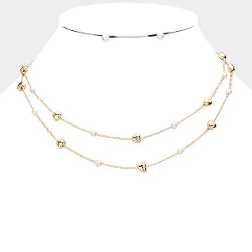 Gold Pearl & Heart Layered Necklace