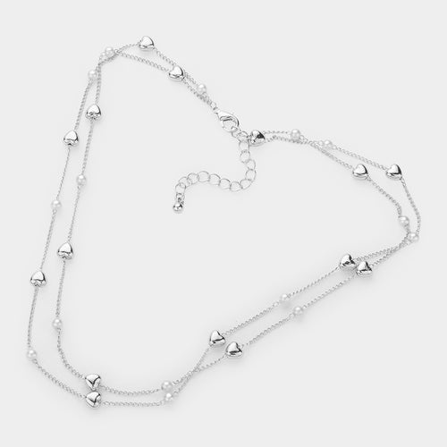 Silver Pearl & Heart Layered Necklace