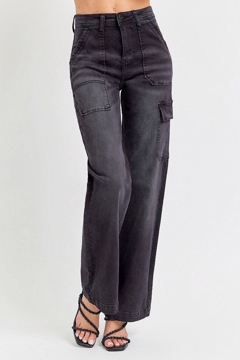 High Rise Wine Black Wide Cargo Pants