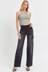 High Rise Wine Black Wide Cargo Pants