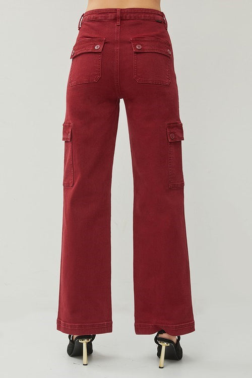High Rise Wine Red Wide Cargo Pants
