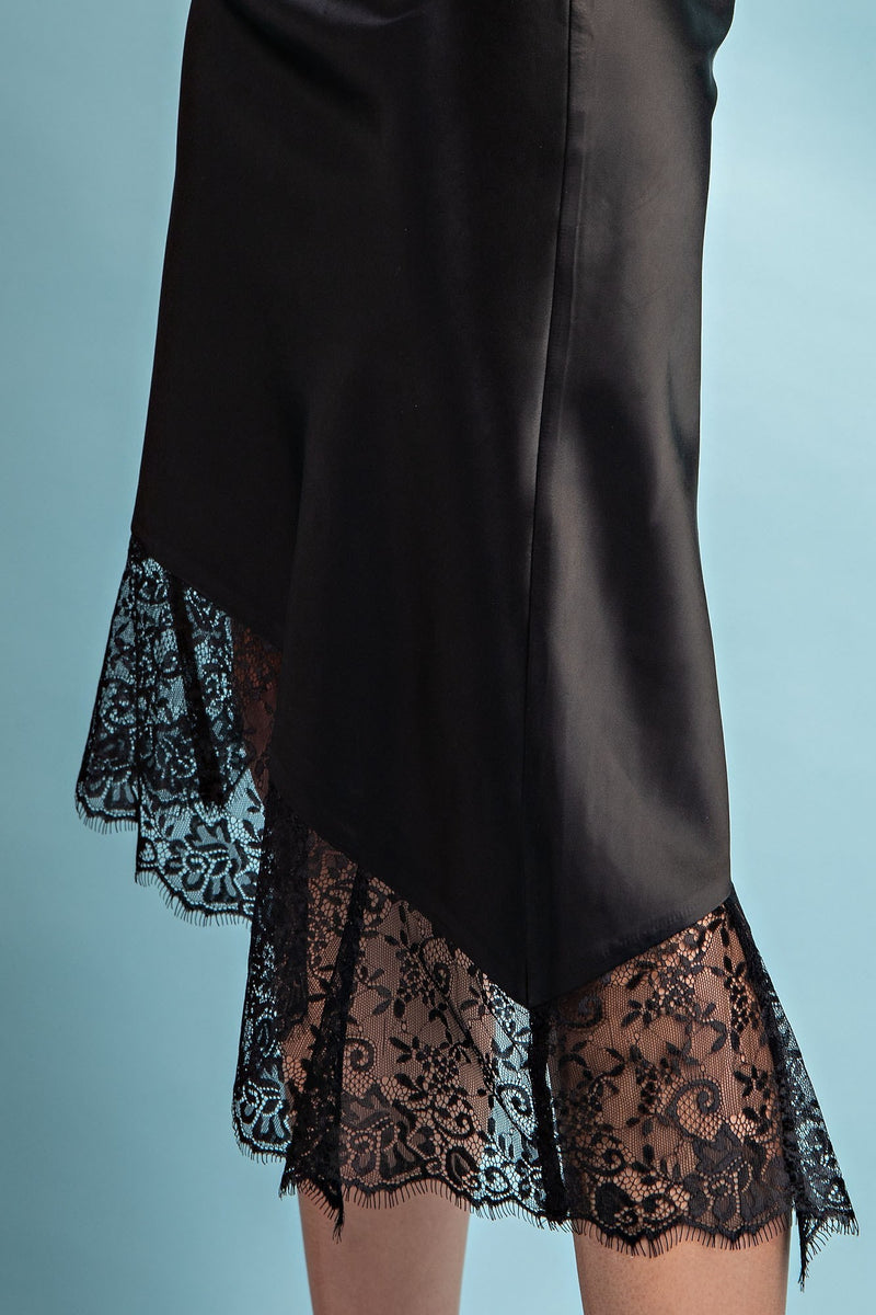 Asymmetrical Black Lace Satin Skirt