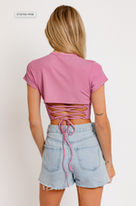 Pink Lace Up Back Short Sleeve Top