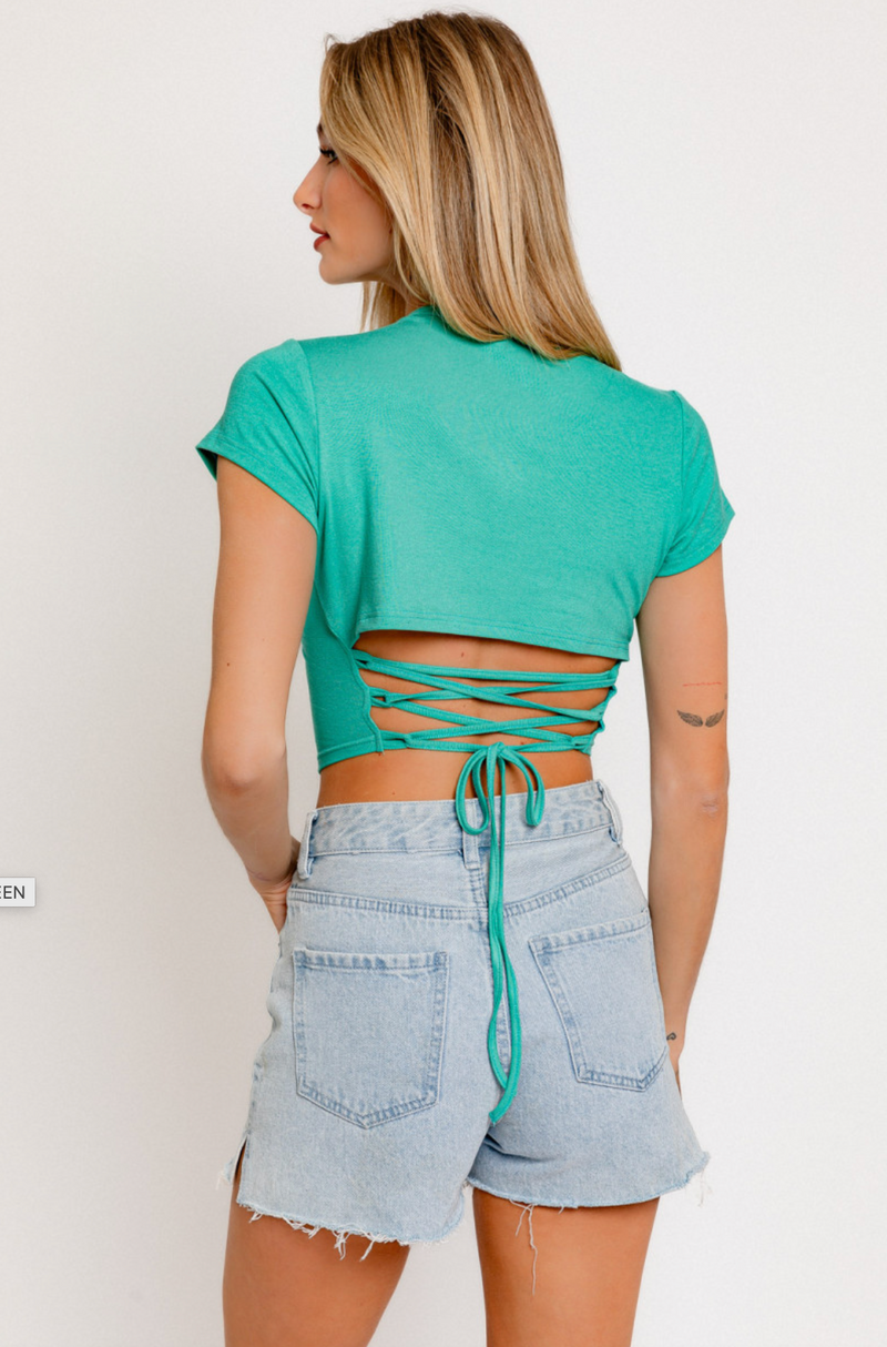 Green Lace Up Back Short Sleeve Top