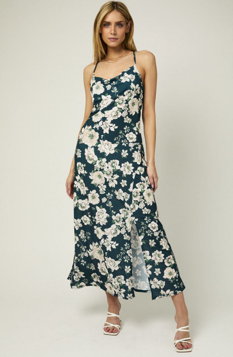 Criss Cross Back Floral Satin Maxi Dress