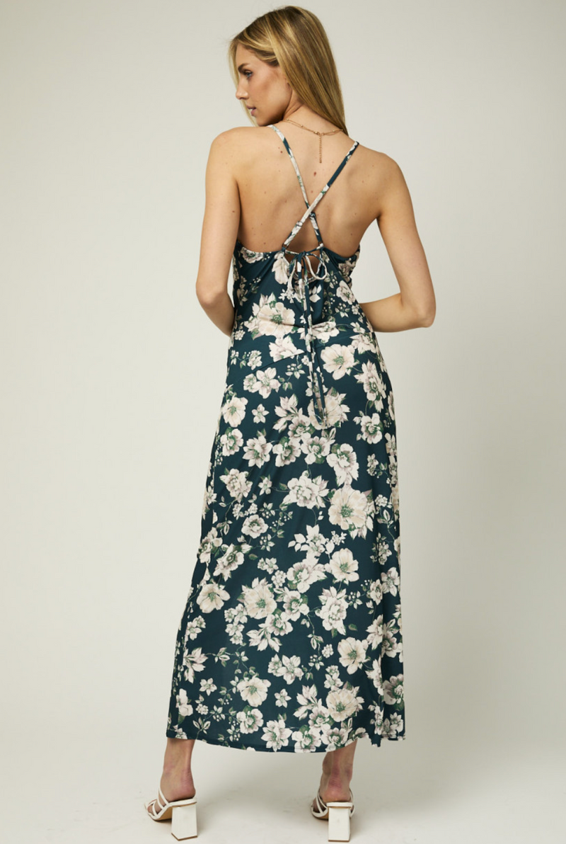 Criss Cross Back Floral Satin Maxi Dress