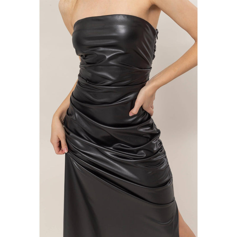 Strapless Black Pleather Ruched Midi Dress