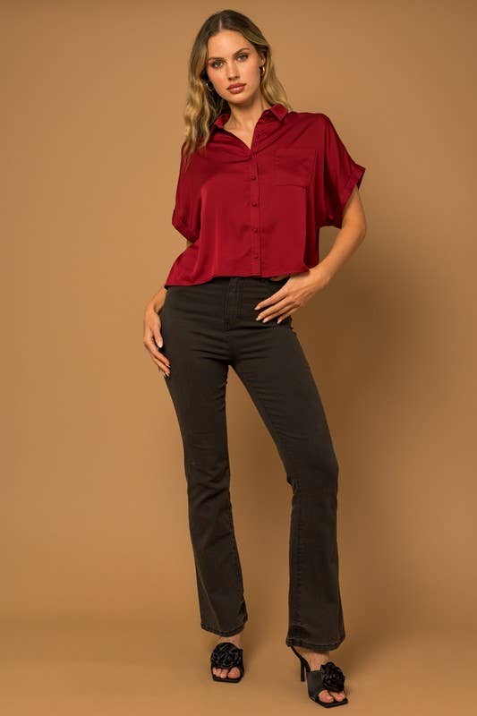 Wine Red Satin Boxy Button Down Blouse