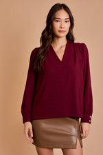 Wine Red Long Sleeve Pleated Shoulder Top