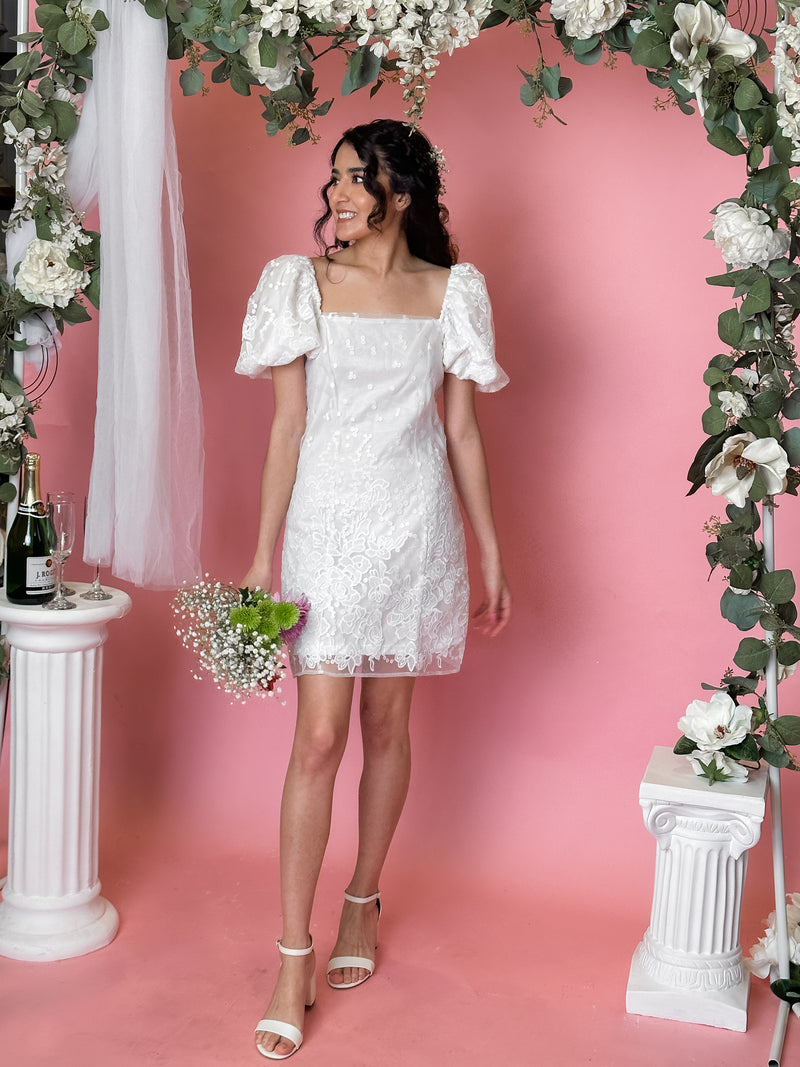 Shop the Molli Sheer Puff Sleeve Twist Feature Dress White | Selfie Leslie