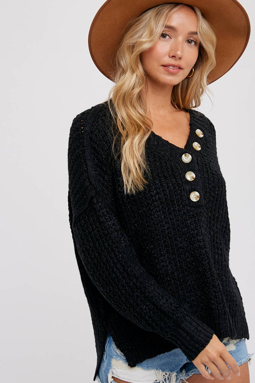 Black Henley Sweater Top