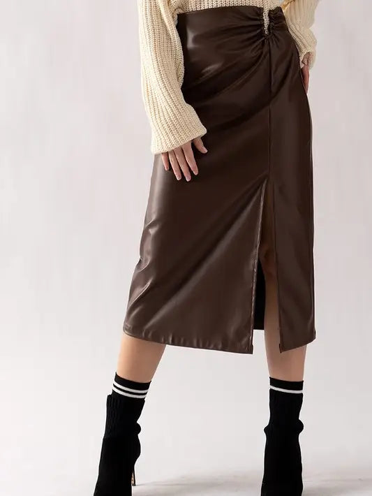 Chocolate Brown Midi Leather Horseshoe Buckle Skirt