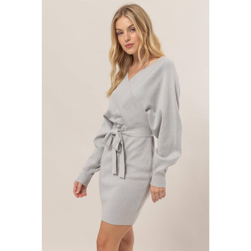 Gray Belted Mini Sweater Dress