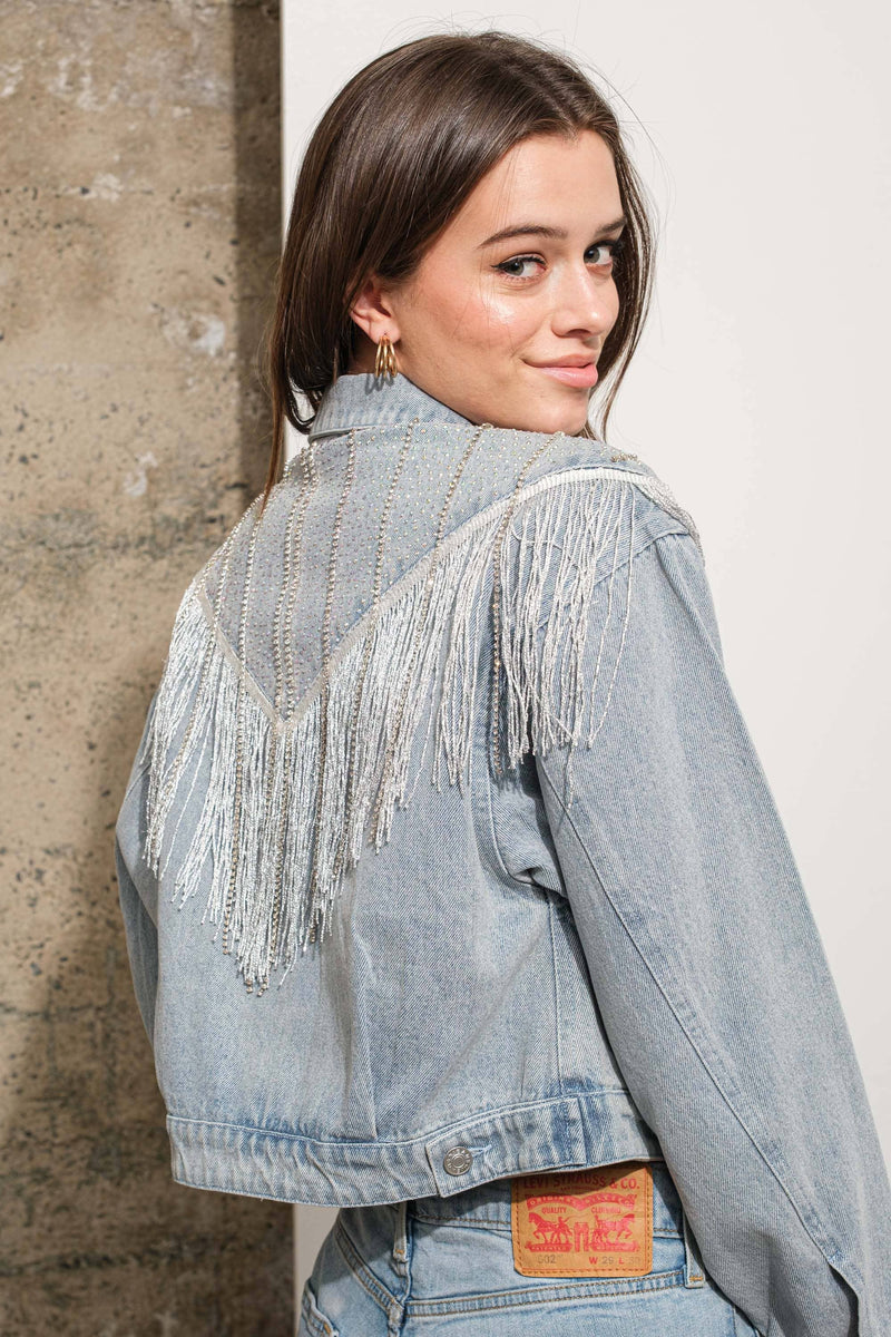 Fringe Studded Sparkle Denim Jacket