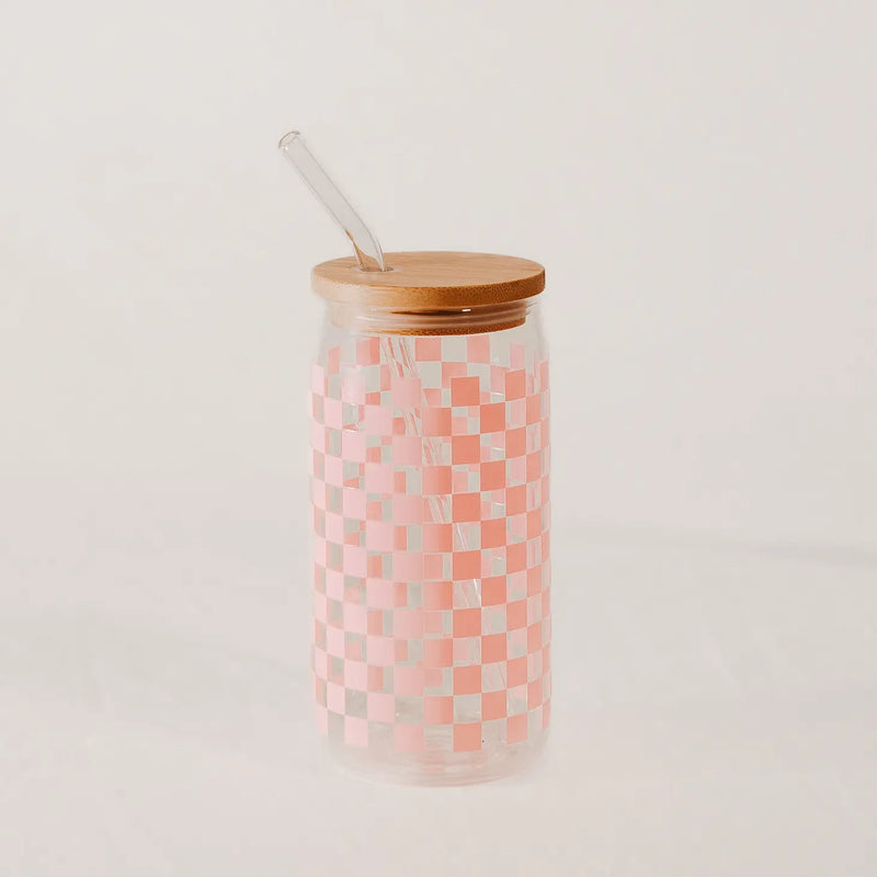 Pink Checkered Printed Glass Cup