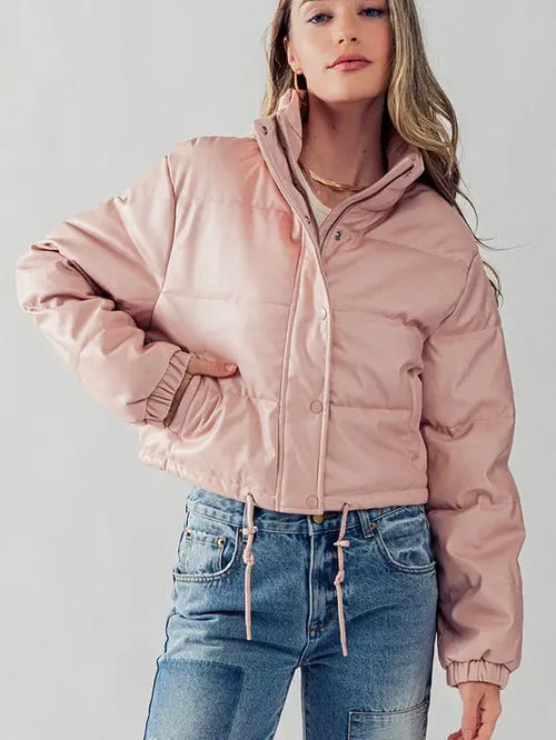 Pink Faux Leather Puffer Jacket