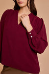 Wine Red Long Sleeve Pleated Shoulder Top