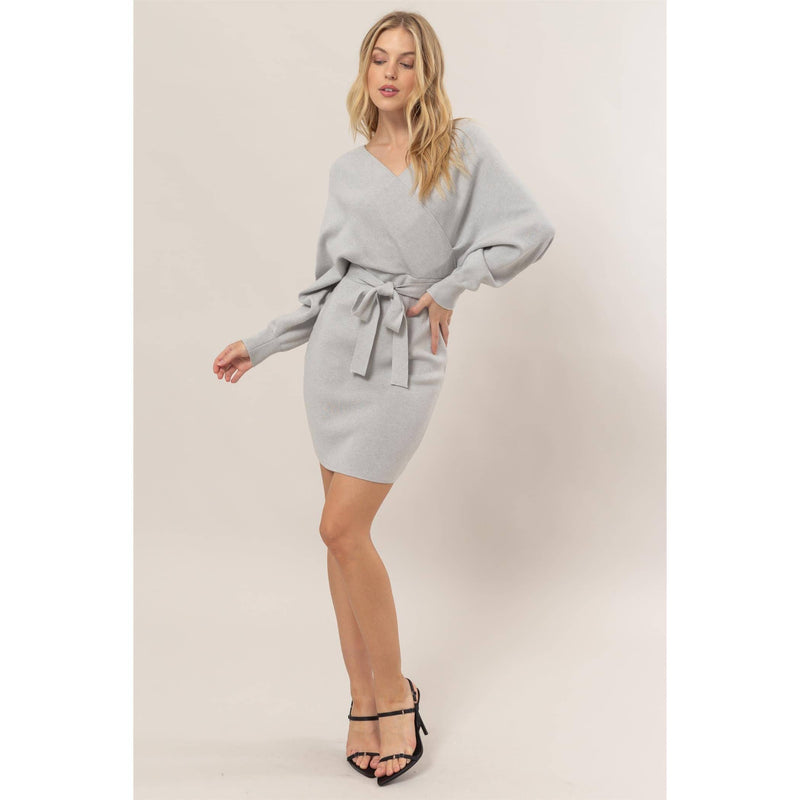 Gray Belted Mini Sweater Dress