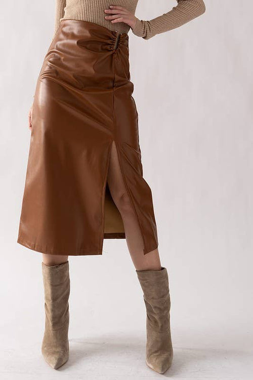 Camel Midi Leather Horseshoe Buckle Skirt