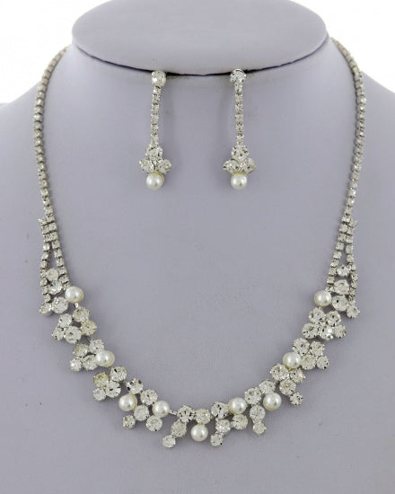 Pearl Rhinestone Necklace & Earring Set (Gold or Silver)