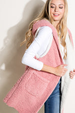 Pink White Faux fur Sherpa Fleece Hoodie Vest